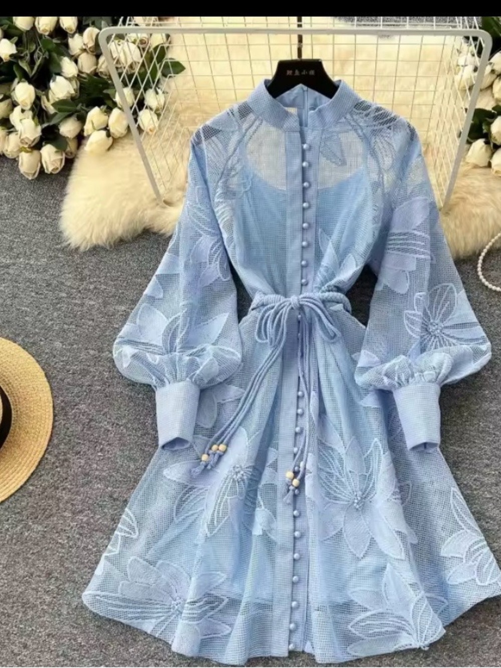 Women’s Light Blue Floral Lace Tie-Waist Dress